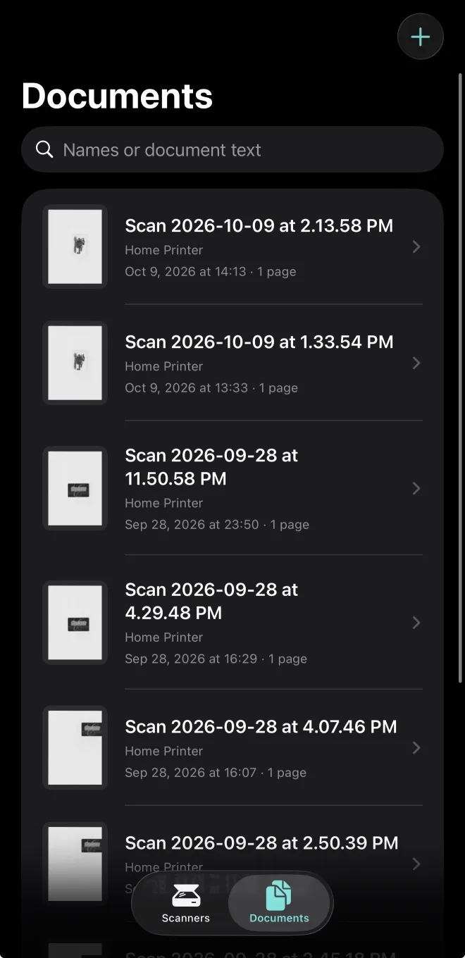 The Documents list with thumbnails, scanner name, date, page count, and a search field for names or document text.