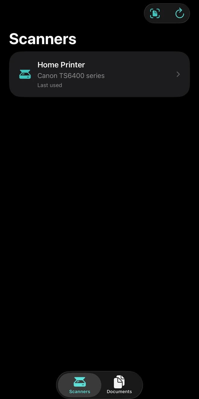 The scanner list showing a printer found on the local network.